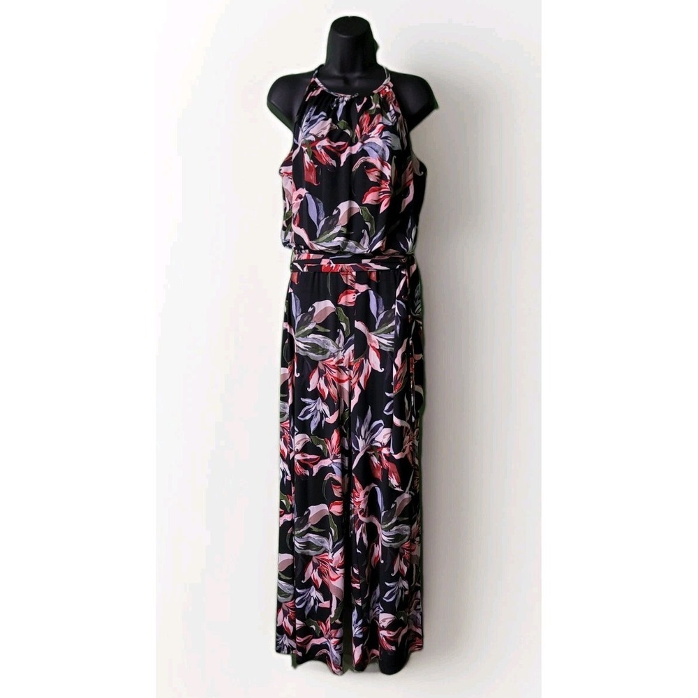 T Tahari Women's Jumpsuit Small Floral Halter Wide Leg‎ Black Sleeveless